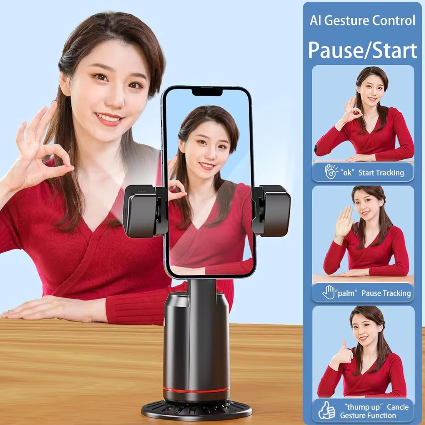Tosuny Stabilisateur de cardan de suivi automatique du visage Al trépied de caméra Selfie Stick support de prise de vue pour téléphone support de téléphone rotatif à 360